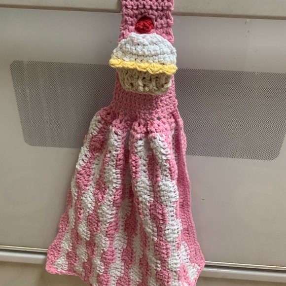 Cupcake Pink and White Kitchen Towel Hanging New Handmade Crochet